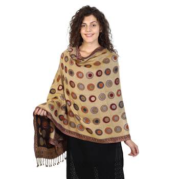 Navy & Beige & Multicolor Viscose Rayon Dots Woven Design Shawl 1
