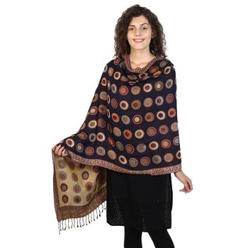 Navy & Beige & Multicolor Viscose Rayon Dots Woven Design Shawl 2