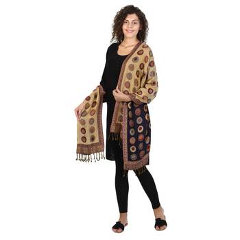 Navy & Beige & Multicolor Viscose Rayon Dots Woven Design Shawl 4