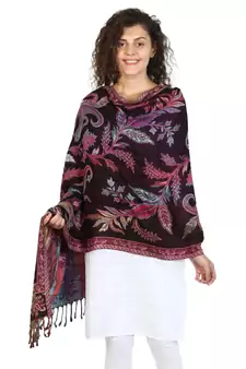 Black & Multicolor Viscose Rayon Floral Paisley Woven Design Shawl