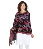 Black & Multicolor Viscose Rayon Floral Paisley Woven Design Shawl