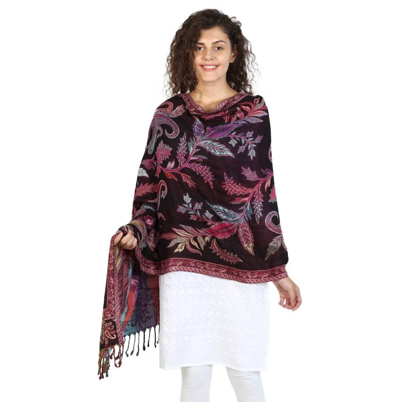 Black & Multicolor Viscose Rayon Floral Paisley Woven Design Shawl