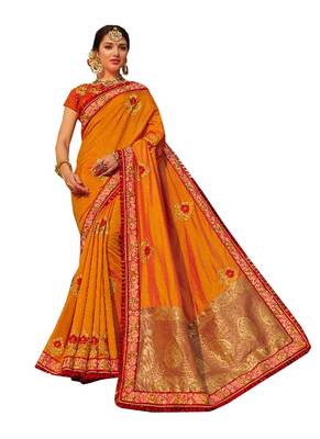 Orange Plain Banarasi Silk Saree With Blouse 1