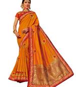 Orange Plain Banarasi Silk Saree With Blouse