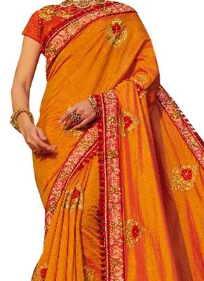 Orange Plain Banarasi Silk Saree With Blouse 2