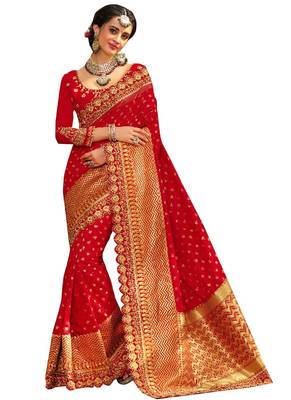 Red Plain Banarasi Silk Saree With Blouse 1