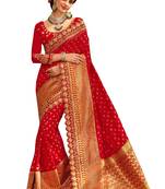 Red Plain Banarasi Silk Saree With Blouse