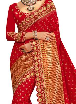 Red Plain Banarasi Silk Saree With Blouse 2