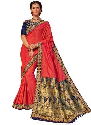 Red Plain Banarasi Silk Saree With Blouse 1