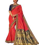 Red Plain Banarasi Silk Saree With Blouse