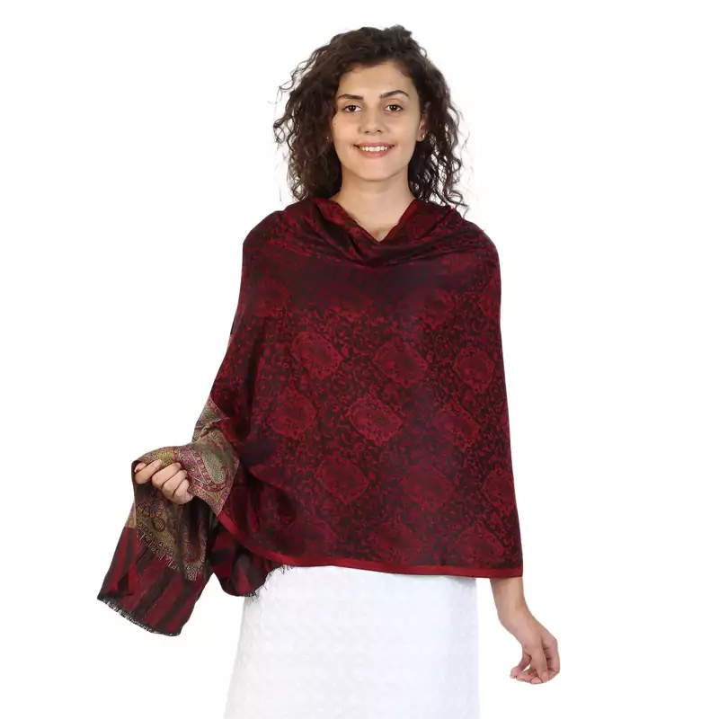 Wine & Black modal Floral Pailsey Woven Design Shawl