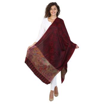 Wine & Black modal Floral Pailsey Woven Design Shawl 2