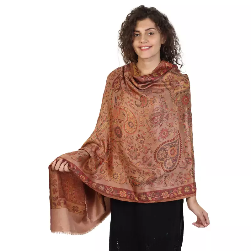 Copper & Multicolor modal Floral Paisley Woven Design Shawl