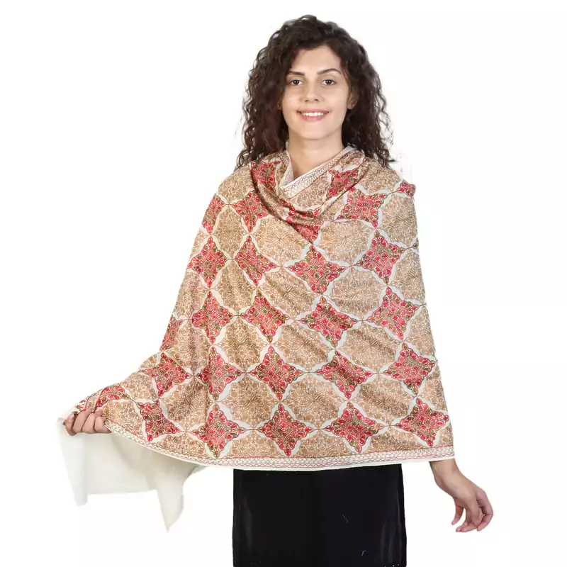 Ivory & Multicolor wool Embroidered Shawl