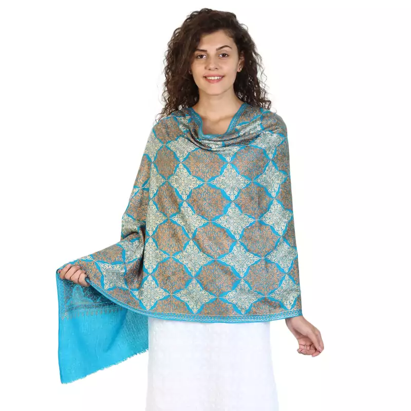 Dark Turquoise wool Embroidered Shawl