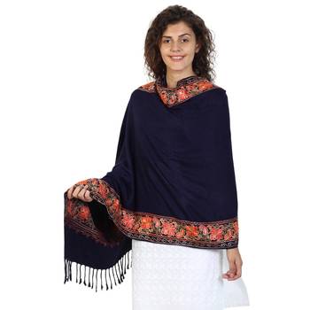Dark Navy Viscose Rayon Floral Embroidered Shawl 1