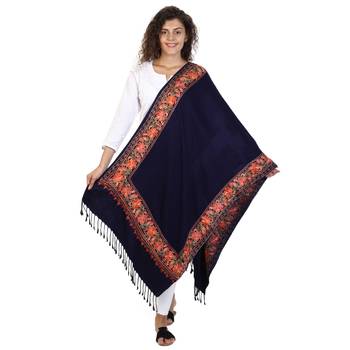 Dark Navy Viscose Rayon Floral Embroidered Shawl 2