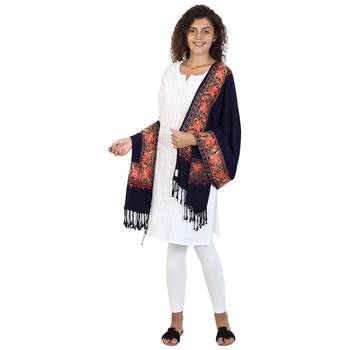 Dark Navy Viscose Rayon Floral Embroidered Shawl 3