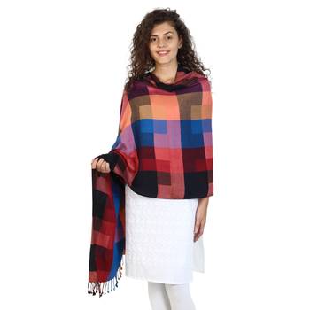 Navy & Multicolor Viscose Rayon Geometric Woven Design Shawl 1