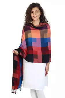 Navy & Multicolor Viscose Rayon Geometric Woven Design Shawl