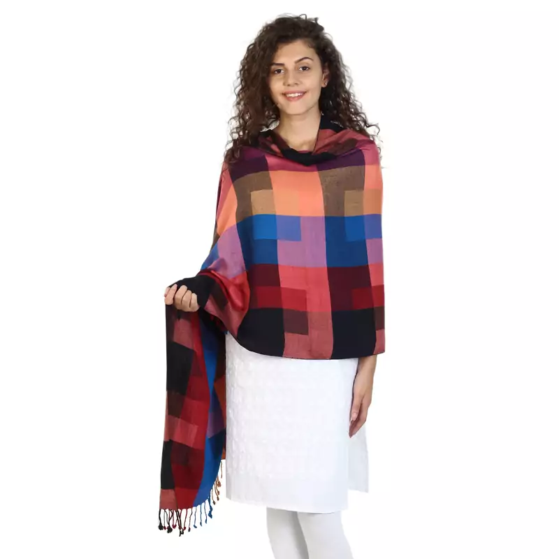 Navy & Multicolor Viscose Rayon Geometric Woven Design Shawl