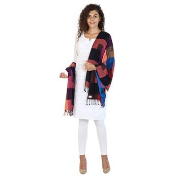 Navy & Multicolor Viscose Rayon Geometric Woven Design Shawl 3