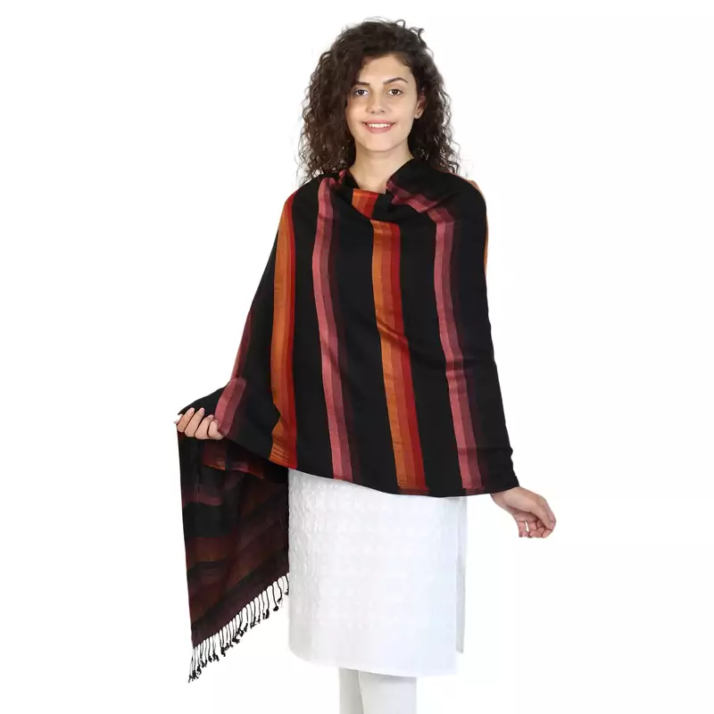 Black & Rust Viscose Rayon Striped Woven Design Shawl