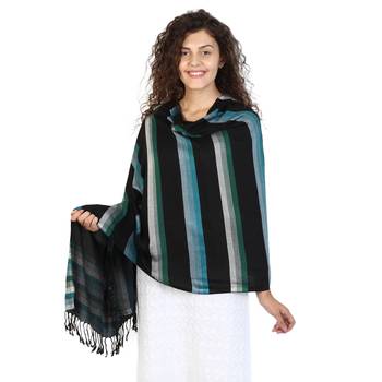 Black & Turquoise Viscose Rayon Striped Woven Design Shawl 1