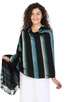 Black & Turquoise Viscose Rayon Striped Woven Design Shawl