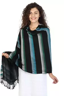 Black & Turquoise Viscose Rayon Striped Woven Design Shawl