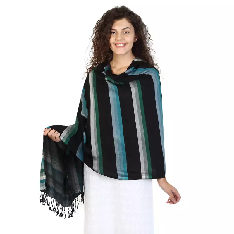 Black & Turquoise Viscose Rayon Striped Woven Design Shawl