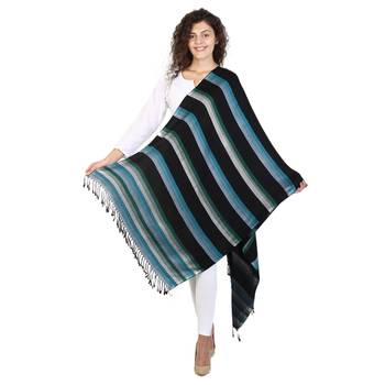 Black & Turquoise Viscose Rayon Striped Woven Design Shawl 2