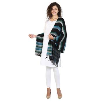Black & Turquoise Viscose Rayon Striped Woven Design Shawl 3