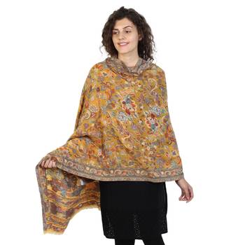 Yellow & Multicolor woolen Floral Paisley Woven Design Shawl 1