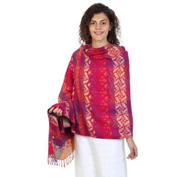 Fuschia & Multicolor Viscose Rayon Woven Design Shawl 1