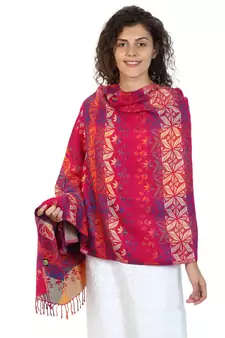 Fuschia & Multicolor Viscose Rayon Woven Design Shawl