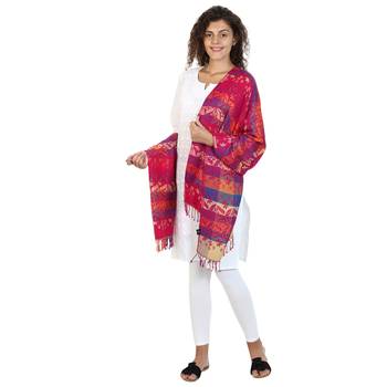 Fuschia & Multicolor Viscose Rayon Woven Design Shawl 3