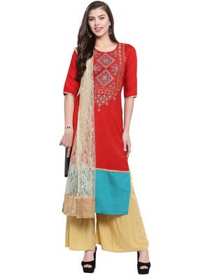 Red Rayon Embroidered Suit Set 1
