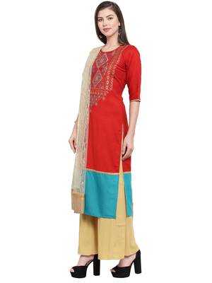 Red Rayon Embroidered Suit Set 2