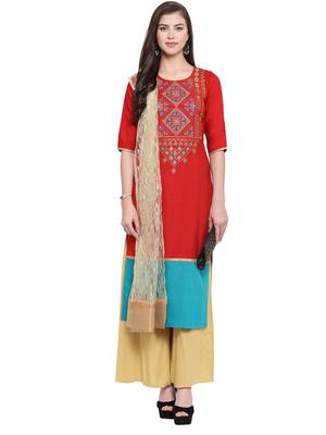 Red Rayon Embroidered Suit Set 3