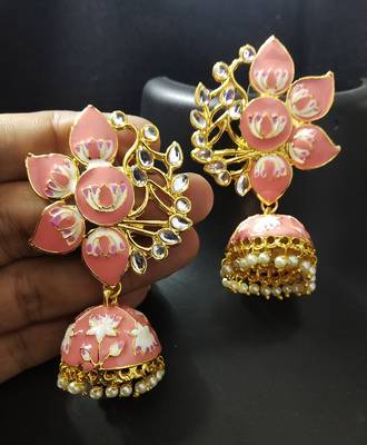 Designer Peech Pink Meenkari Kundan Pearl Jhumki Earrings 1
