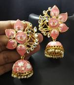 Designer Peech Pink Meenkari Kundan Pearl Jhumki Earrings