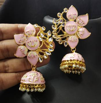 Designer Magenta Pink Meenkari Kundan Pearl Jhumki Earrings 1