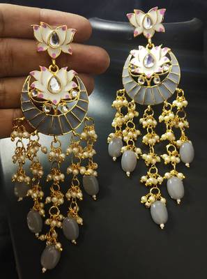 Designer Grey Pink Meenkari Kundan Pearl Hanging Pearl Earrings 1