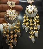 Designer Grey Pink Meenkari Kundan Pearl Hanging Pearl Earrings
