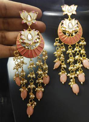 Designer Peech Pink Meenkari Kundan Pearl Hanging Pearl Earrings 1