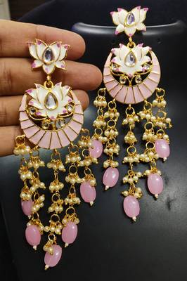 Designer Magenta Pink Meenkari Kundan Pearl Hanging Pearl Earrings 1