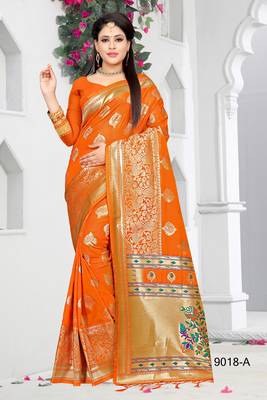 orange woven art silk saree with blouse 1