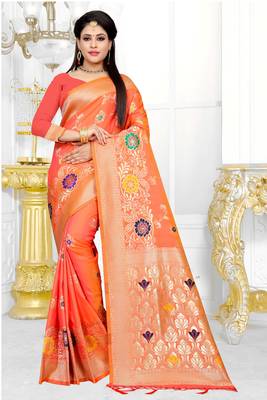 orange woven art silk saree with blouse 1