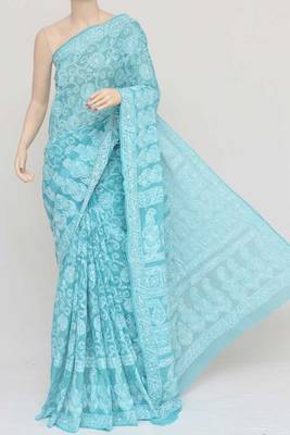blue embroidered cotton saree with blouse 1